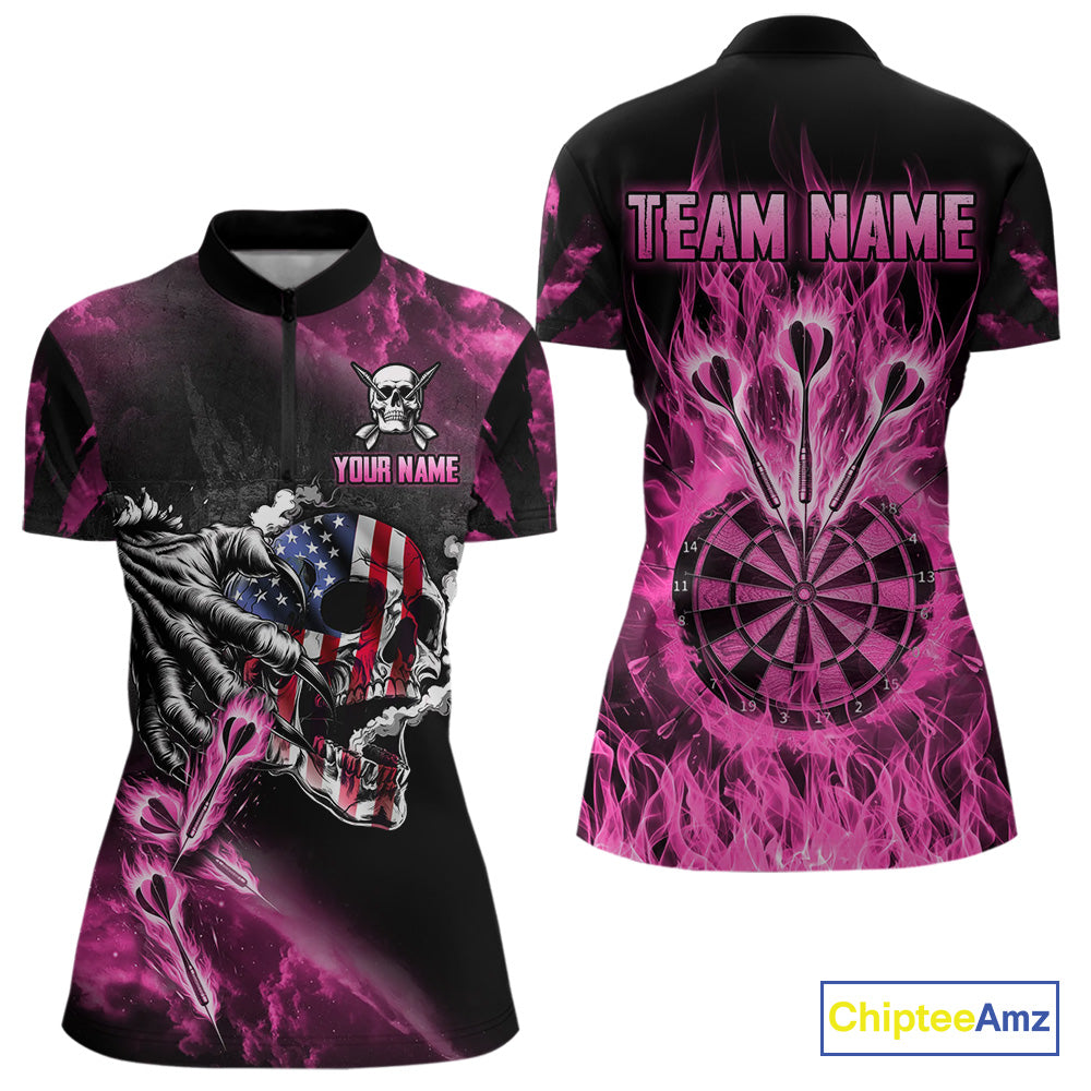 Fire Flame Darts Board American Flag Skull Dart Shirts For Women Custom Darts Team Jerseys |Pink TDM4774