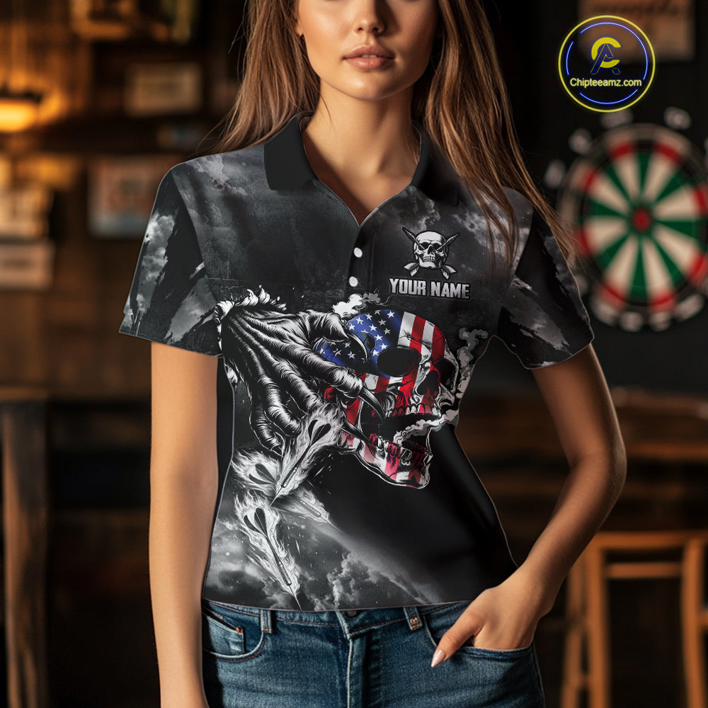 Fire Flame Darts Board American Flag Skull Dart Shirts For Women Custom Darts Team Jerseys |Grey TDM4775