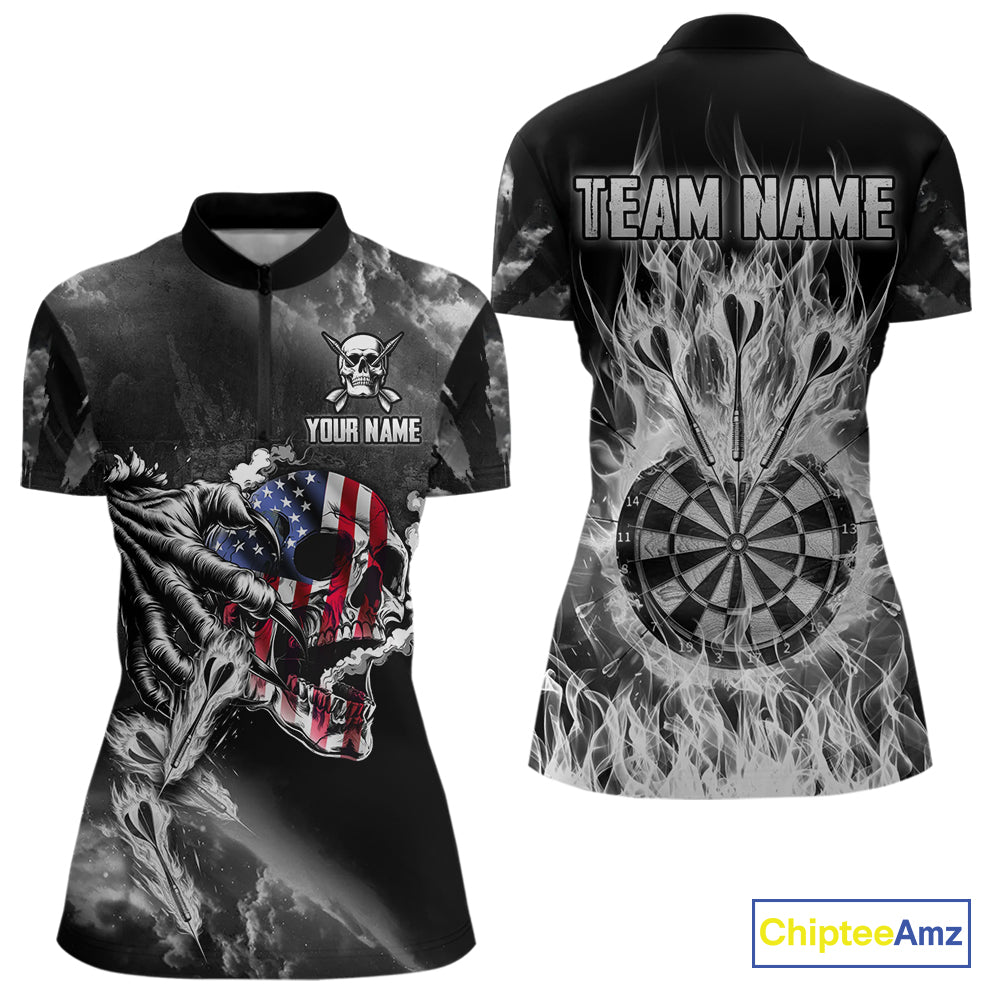 Fire Flame Darts Board American Flag Skull Dart Shirts For Women Custom Darts Team Jerseys |Grey TDM4775