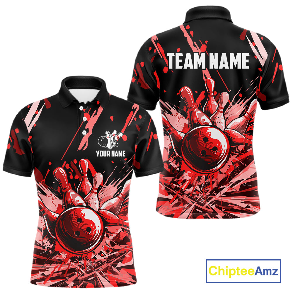 Red Bowling Jerseys Bowling Polo, 1/4 Zip Shirt For Men Custom Bowling Team Shirts For Bowlers TDM7483
