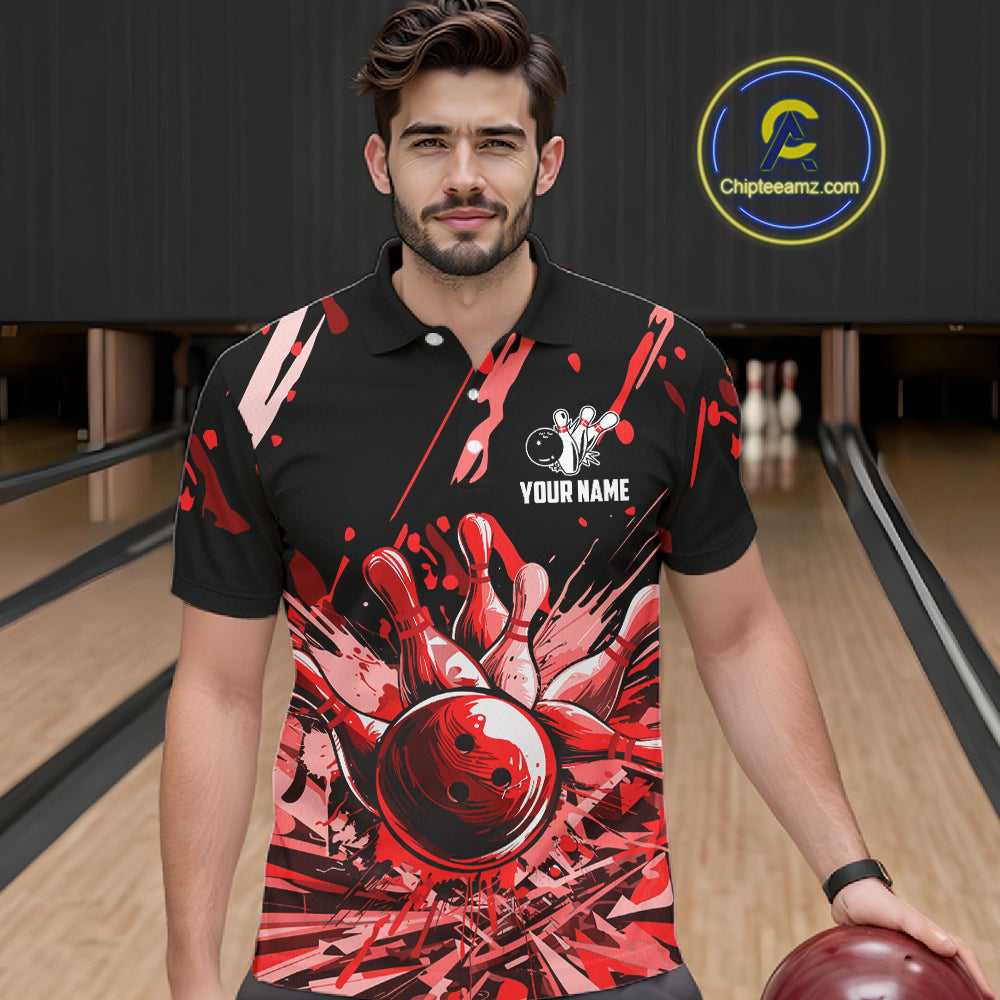 Red Bowling Jerseys Bowling Polo, 1/4 Zip Shirt For Men Custom Bowling Team Shirts For Bowlers TDM7483