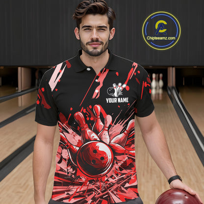 Red Bowling Jerseys Bowling Polo, 1/4 Zip Shirt For Men Custom Bowling Team Shirts For Bowlers TDM7483