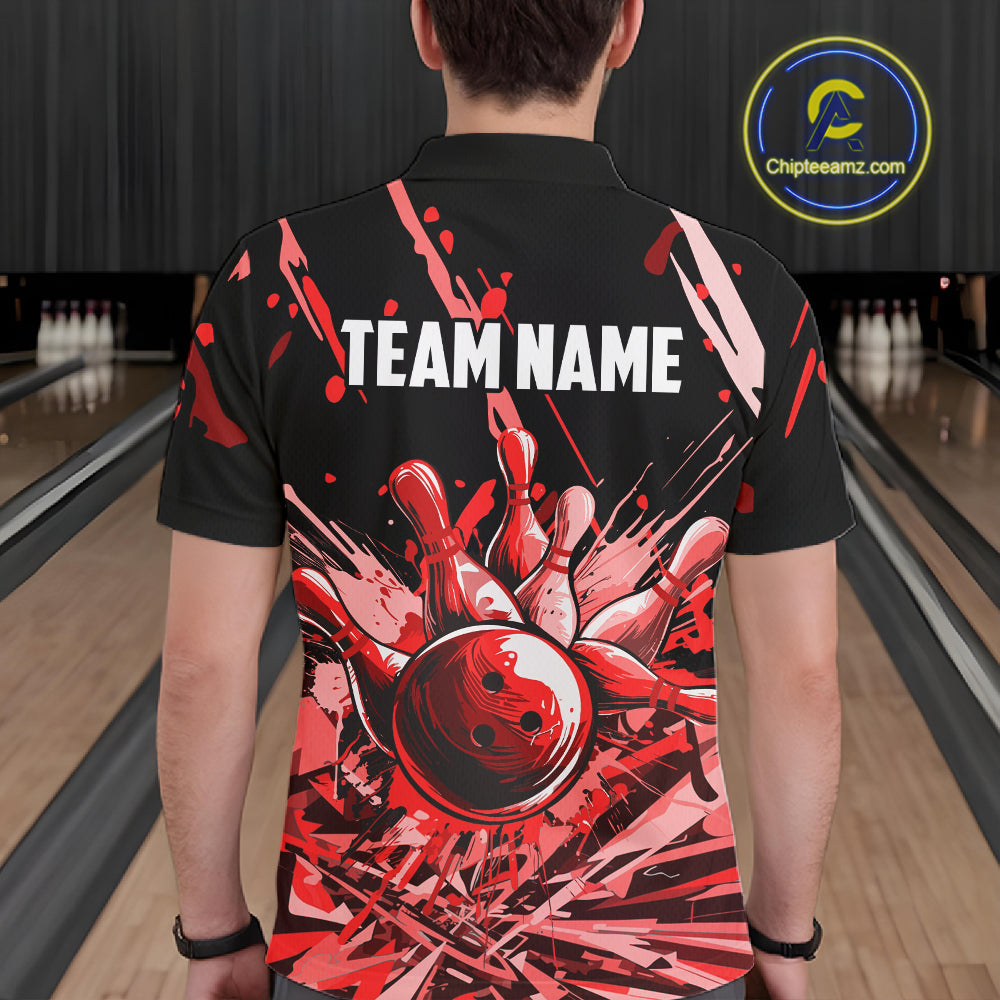 Red Bowling Jerseys Bowling Polo, 1/4 Zip Shirt For Men Custom Bowling Team Shirts For Bowlers TDM7483