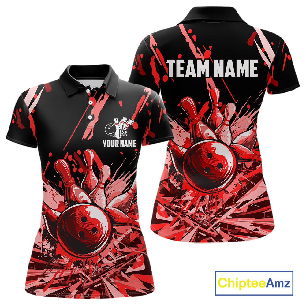 Red Bowling Jerseys Bowling Polo, 1/4 Zip Shirt For Women Custom Bowling Team Shirts For Bowlers TDM7483