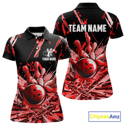 Red Bowling Jerseys Bowling Polo, 1/4 Zip Shirt For Women Custom Bowling Team Shirts For Bowlers TDM7483