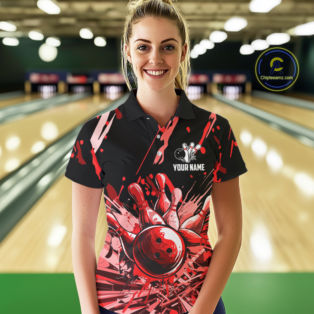 Red Bowling Jerseys Bowling Polo, 1/4 Zip Shirt For Women Custom Bowling Team Shirts For Bowlers TDM7483