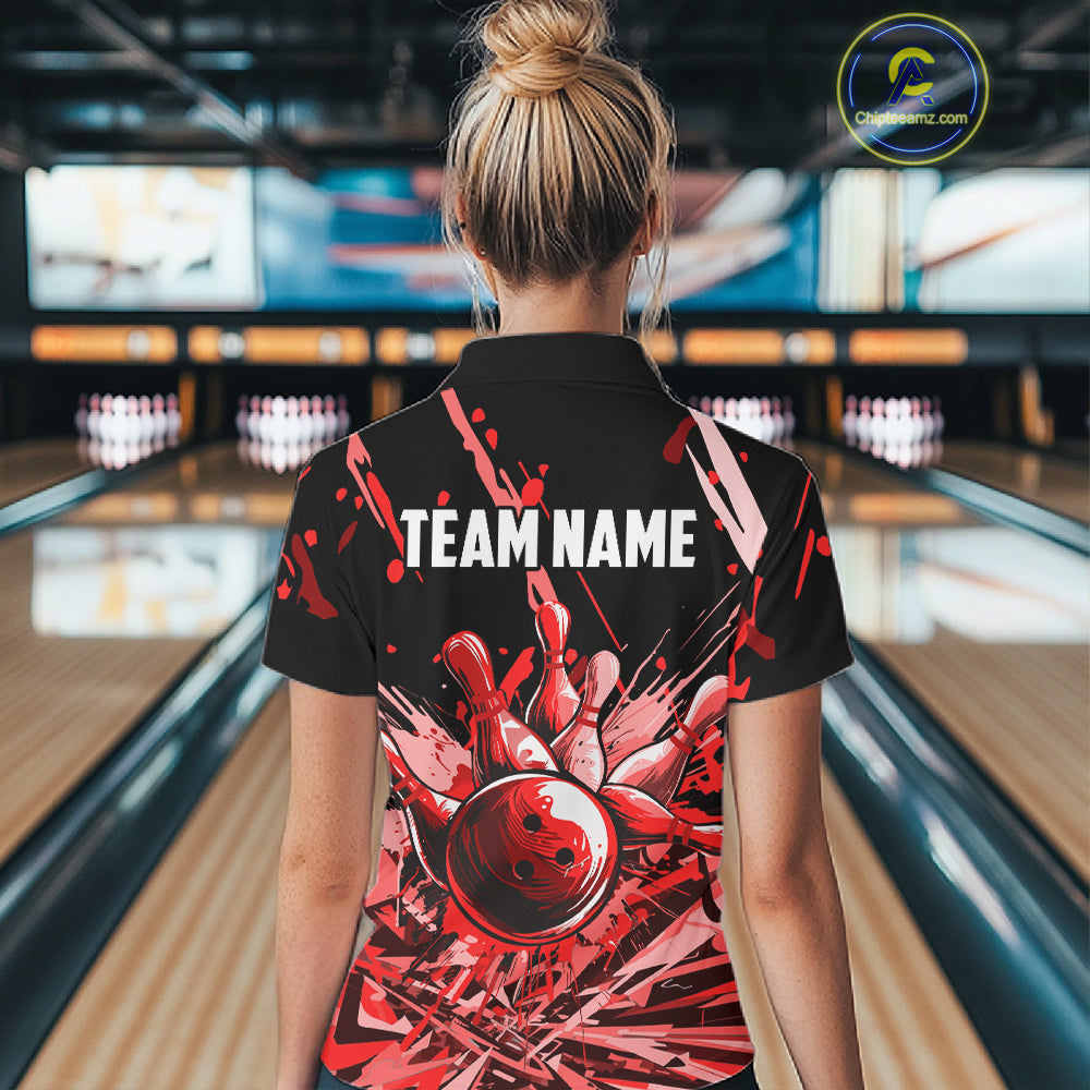 Red Bowling Jerseys Bowling Polo, 1/4 Zip Shirt For Women Custom Bowling Team Shirts For Bowlers TDM7483