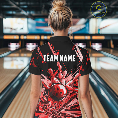 Red Bowling Jerseys Bowling Polo, 1/4 Zip Shirt For Women Custom Bowling Team Shirts For Bowlers TDM7483