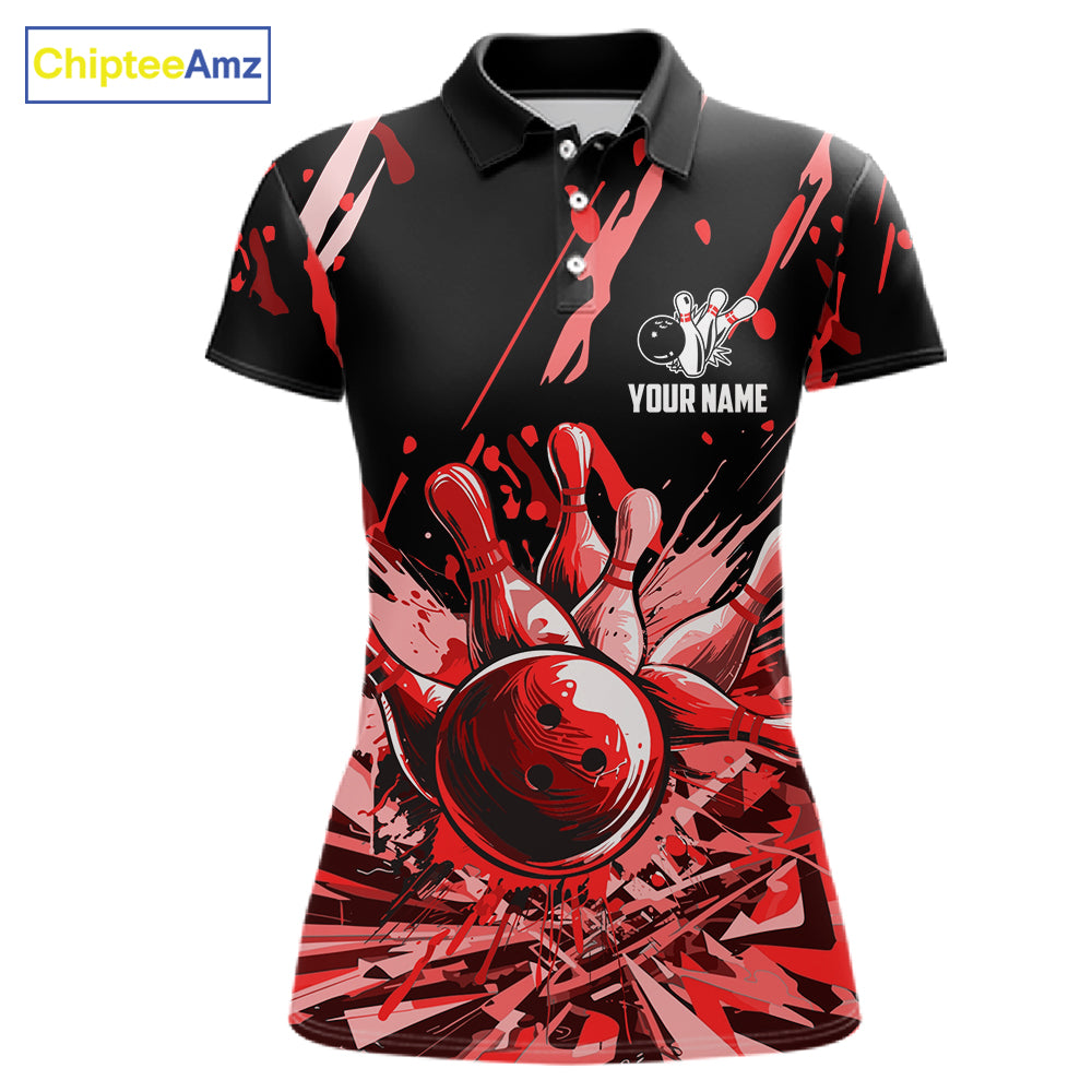 Red Bowling Jerseys Bowling Polo, 1/4 Zip Shirt For Women Custom Bowling Team Shirts For Bowlers TDM7483