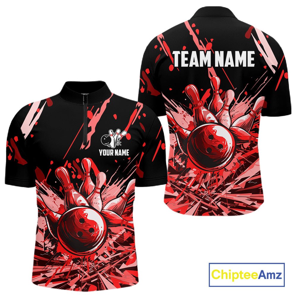 Red Bowling Jerseys Bowling Polo, 1/4 Zip Shirt For Men Custom Bowling Team Shirts For Bowlers TDM7483