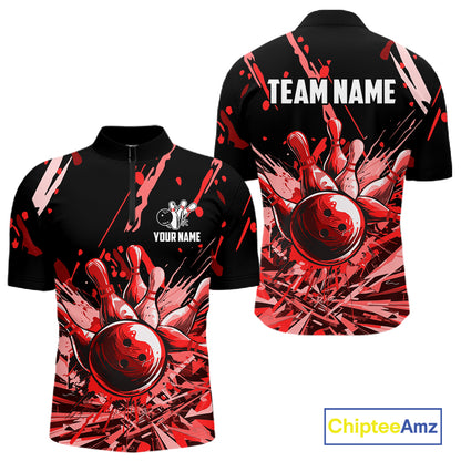 Red Bowling Jerseys Bowling Polo, 1/4 Zip Shirt For Men Custom Bowling Team Shirts For Bowlers TDM7483