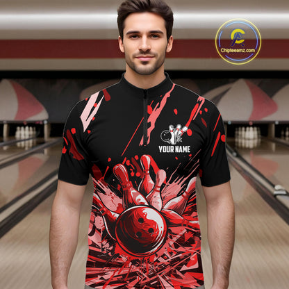 Red Bowling Jerseys Bowling Polo, 1/4 Zip Shirt For Men Custom Bowling Team Shirts For Bowlers TDM7483