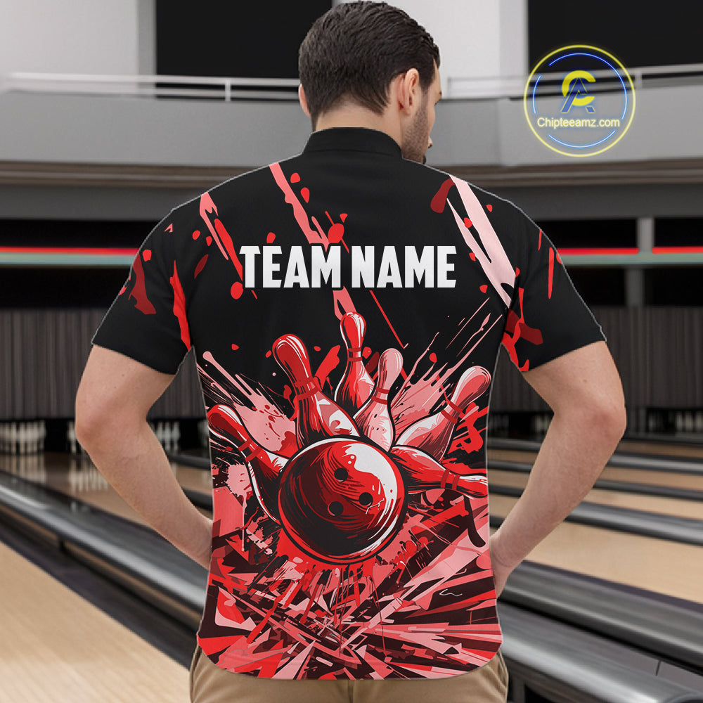 Red Bowling Jerseys Bowling Polo, 1/4 Zip Shirt For Men Custom Bowling Team Shirts For Bowlers TDM7483