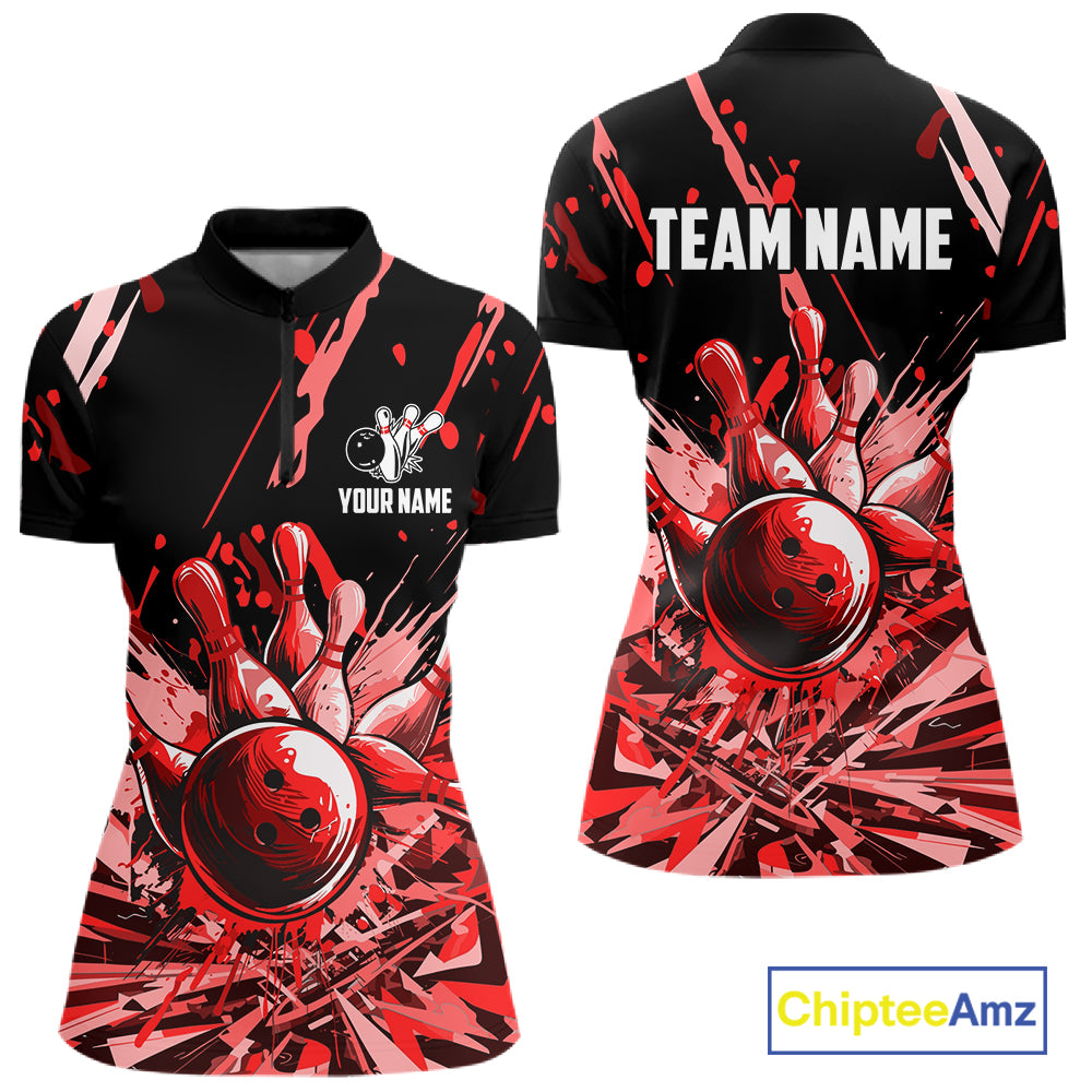 Red Bowling Jerseys Bowling Polo, 1/4 Zip Shirt For Women Custom Bowling Team Shirts For Bowlers TDM7483