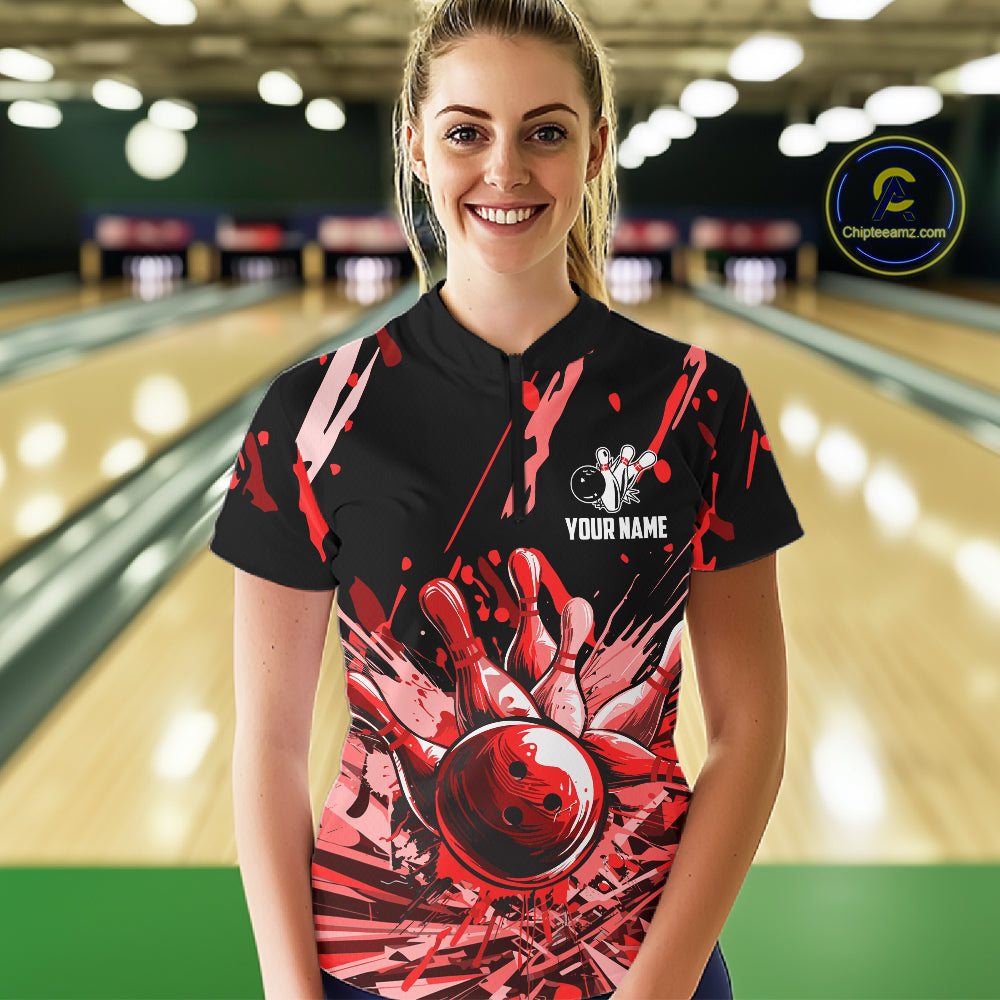 Red Bowling Jerseys Bowling Polo, 1/4 Zip Shirt For Women Custom Bowling Team Shirts For Bowlers TDM7483