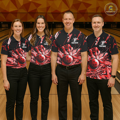 Red Bowling Jerseys Bowling Polo, 1/4 Zip Shirt For Men Custom Bowling Team Shirts For Bowlers TDM7483
