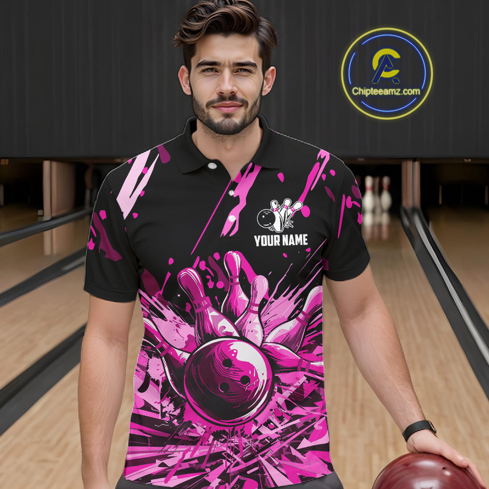 Pink Bowling Jerseys Bowling Polo, 1/4 Zip Shirt For Men Custom Bowling Team Shirts For Bowlers TDM7484