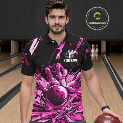 Pink Bowling Jerseys Bowling Polo, 1/4 Zip Shirt For Men Custom Bowling Team Shirts For Bowlers TDM7484