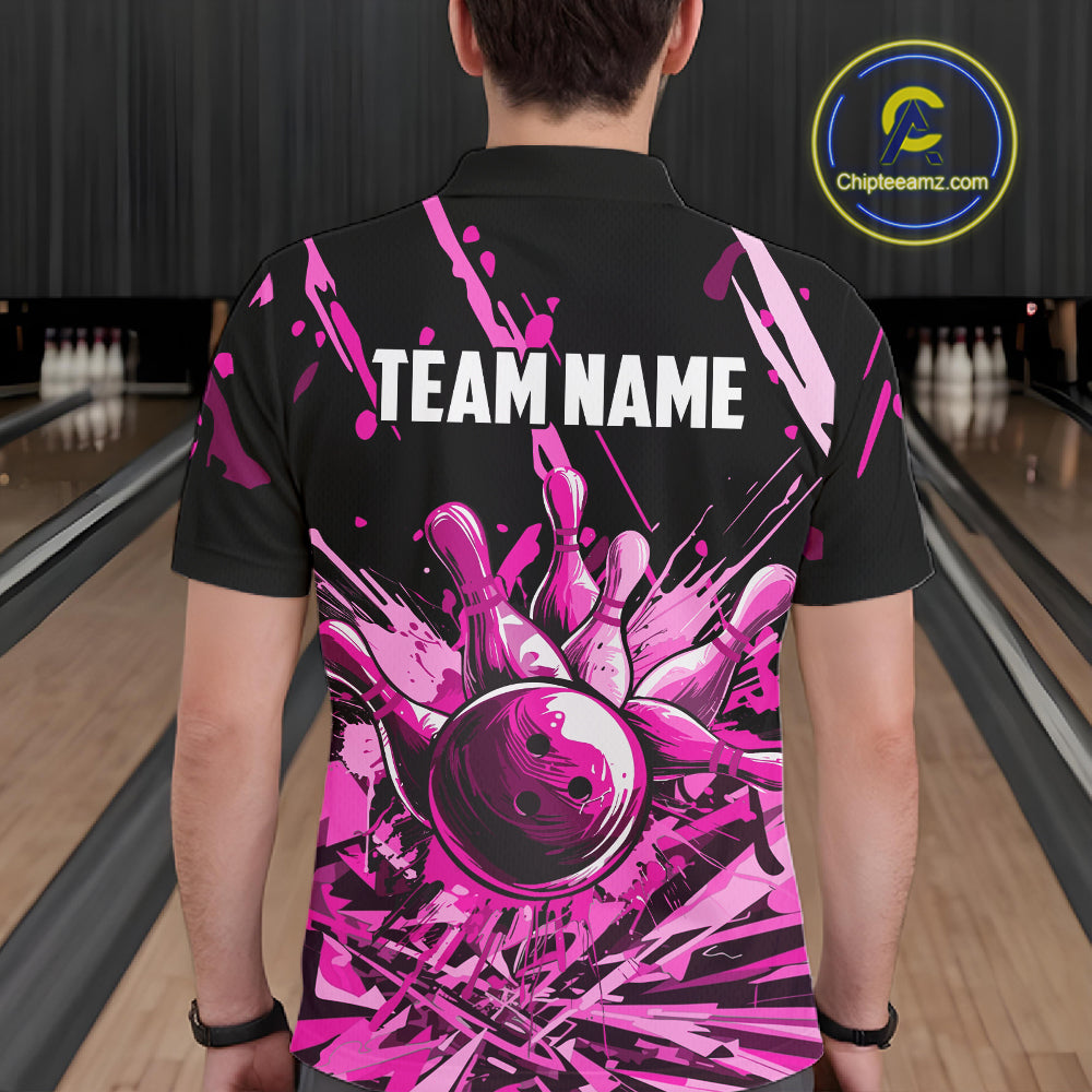 Pink Bowling Jerseys Bowling Polo, 1/4 Zip Shirt For Men Custom Bowling Team Shirts For Bowlers TDM7484