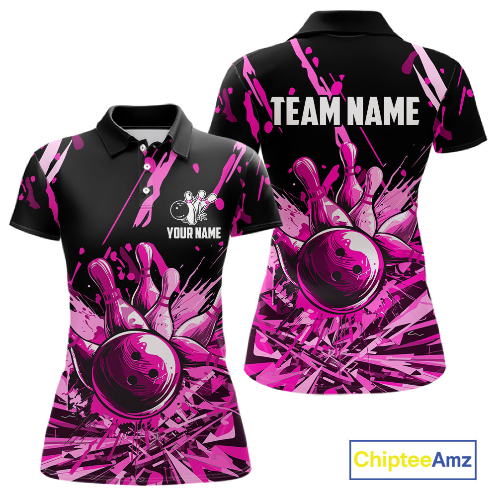 Pink Bowling Jerseys Bowling Polo, 1/4 Zip Shirt For Women Custom Bowling Team Shirts For Bowlers TDM7484