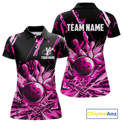 Pink Bowling Jerseys Bowling Polo, 1/4 Zip Shirt For Women Custom Bowling Team Shirts For Bowlers TDM7484