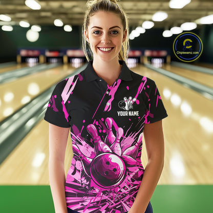 Pink Bowling Jerseys Bowling Polo, 1/4 Zip Shirt For Women Custom Bowling Team Shirts For Bowlers TDM7484