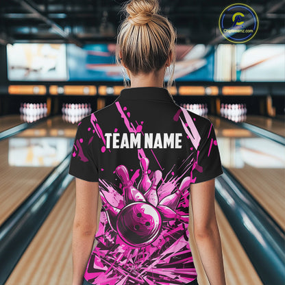 Pink Bowling Jerseys Bowling Polo, 1/4 Zip Shirt For Women Custom Bowling Team Shirts For Bowlers TDM7484