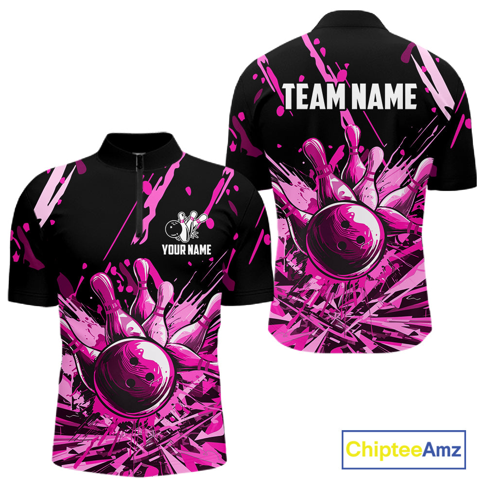 Pink Bowling Jerseys Bowling Polo, 1/4 Zip Shirt For Men Custom Bowling Team Shirts For Bowlers TDM7484