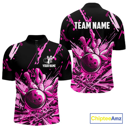 Pink Bowling Jerseys Bowling Polo, 1/4 Zip Shirt For Men Custom Bowling Team Shirts For Bowlers TDM7484