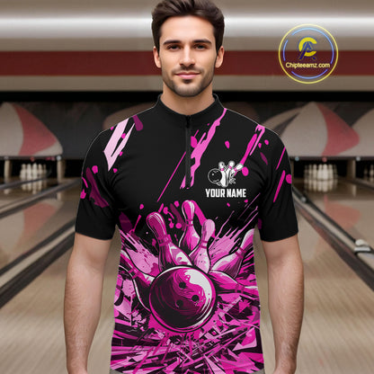 Pink Bowling Jerseys Bowling Polo, 1/4 Zip Shirt For Men Custom Bowling Team Shirts For Bowlers TDM7484