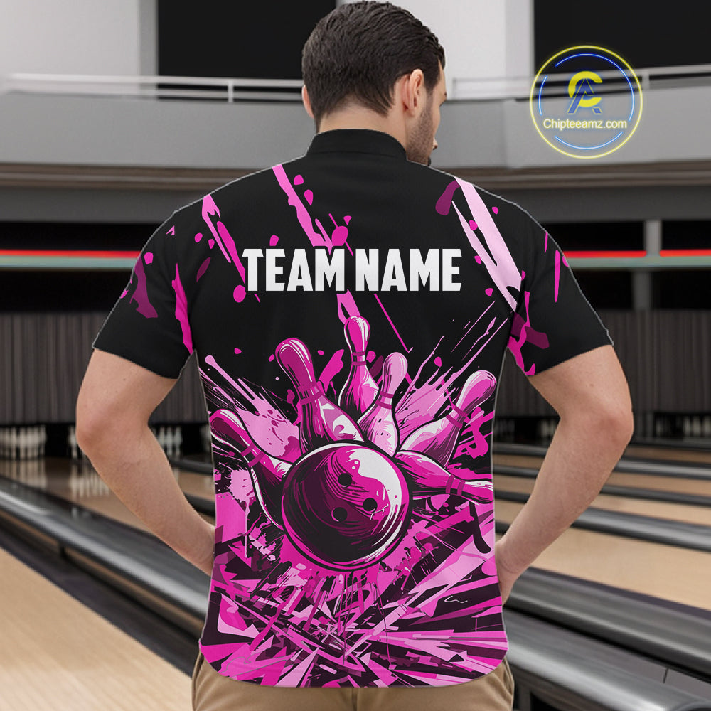 Pink Bowling Jerseys Bowling Polo, 1/4 Zip Shirt For Men Custom Bowling Team Shirts For Bowlers TDM7484