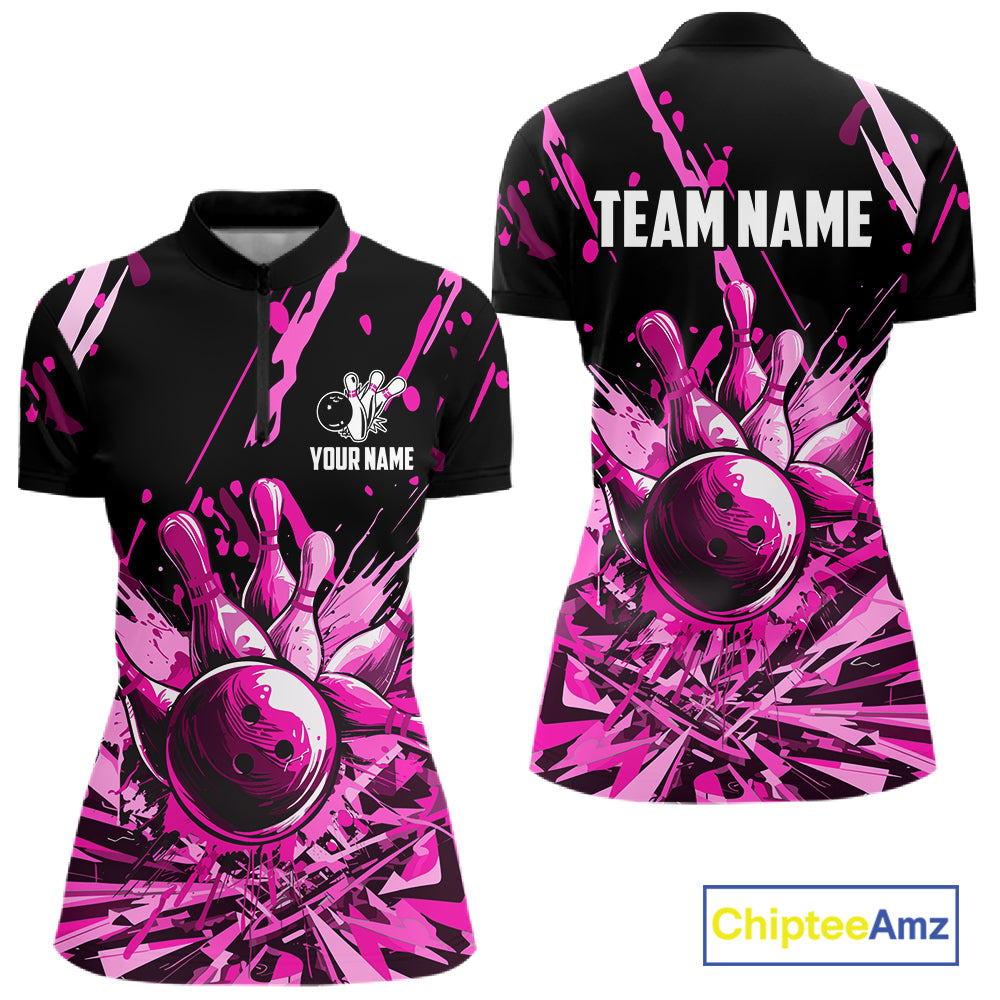 Pink Bowling Jerseys Bowling Polo, 1/4 Zip Shirt For Women Custom Bowling Team Shirts For Bowlers TDM7484