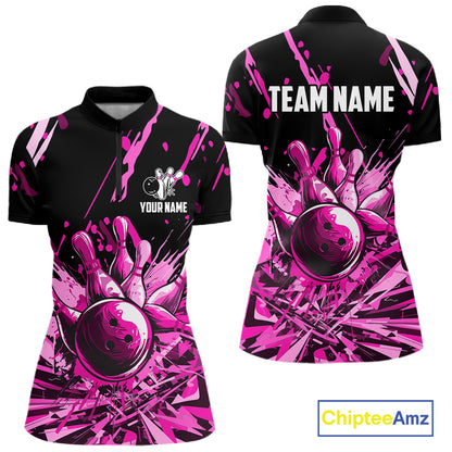 Pink Bowling Jerseys Bowling Polo, 1/4 Zip Shirt For Women Custom Bowling Team Shirts For Bowlers TDM7484