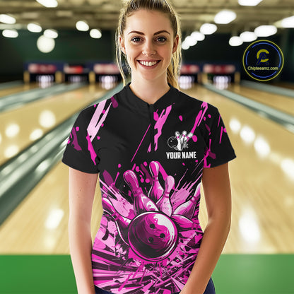 Pink Bowling Jerseys Bowling Polo, 1/4 Zip Shirt For Women Custom Bowling Team Shirts For Bowlers TDM7484