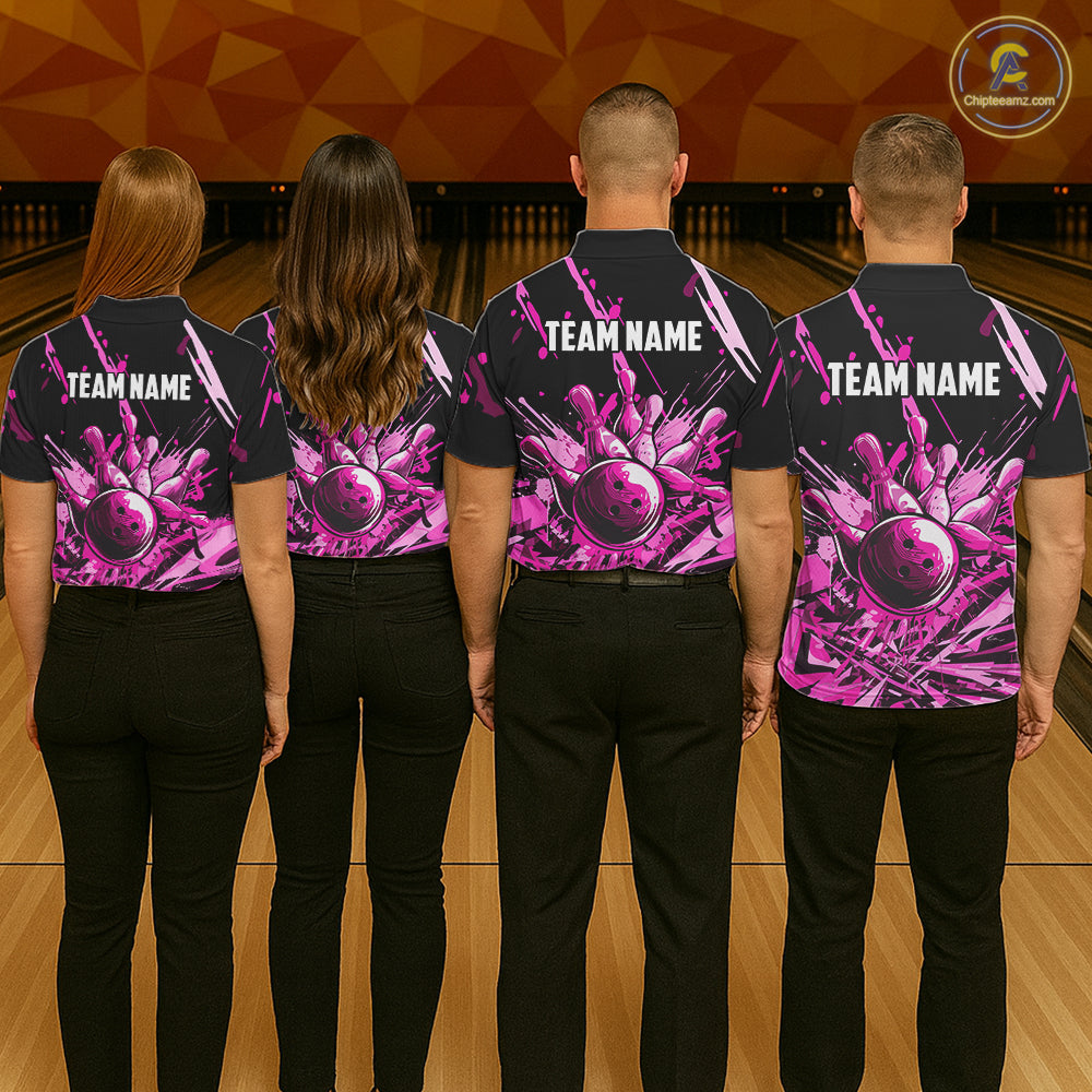 Pink Bowling Jerseys Bowling Polo, 1/4 Zip Shirt For Men Custom Bowling Team Shirts For Bowlers TDM7484