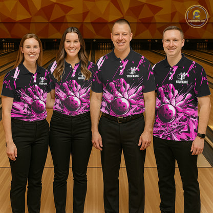 Pink Bowling Jerseys Bowling Polo, 1/4 Zip Shirt For Men Custom Bowling Team Shirts For Bowlers TDM7484