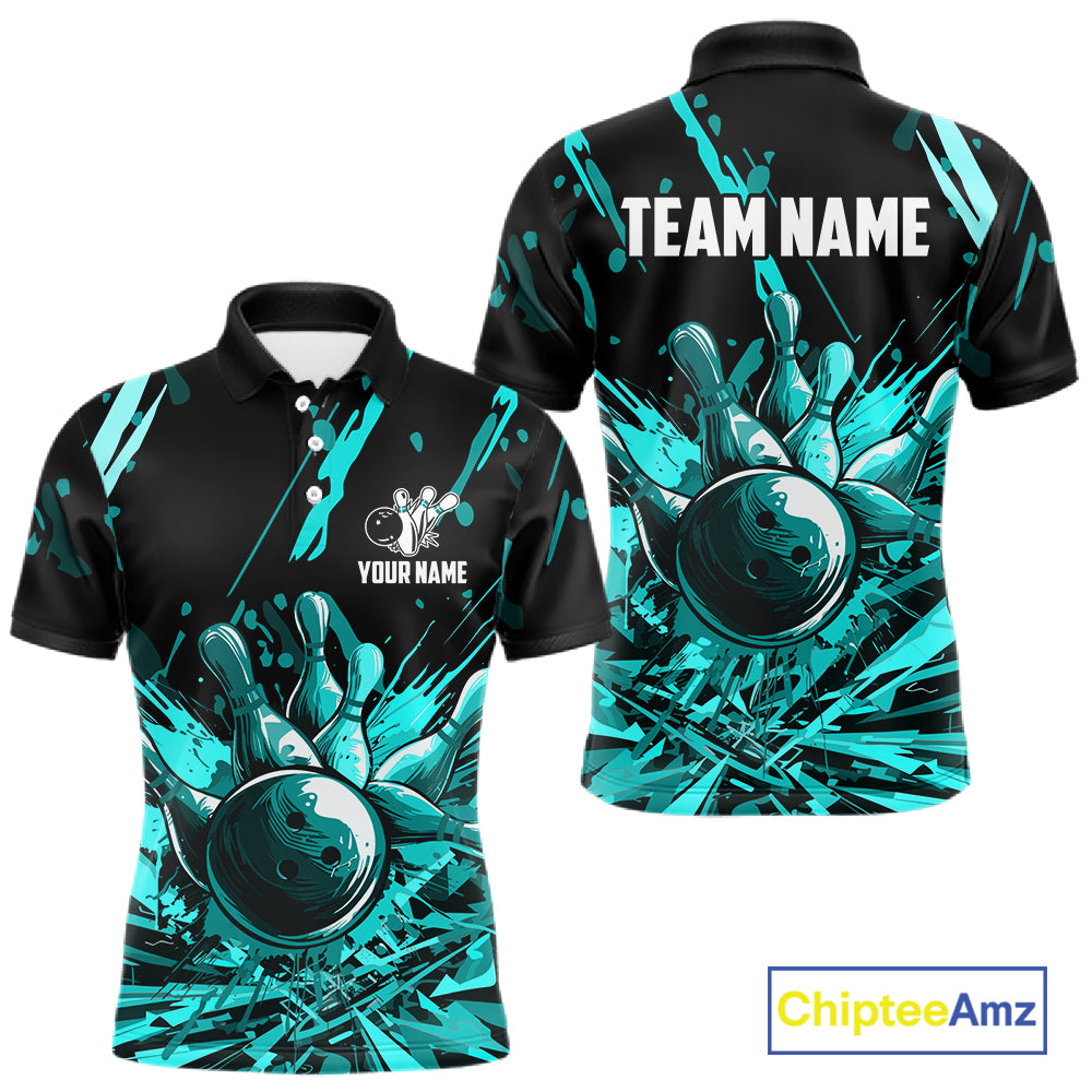 Teal Bowling Jerseys Bowling Polo, 1/4 Zip Shirt For Men Custom Bowling Team Shirts For Bowlers TDM7485