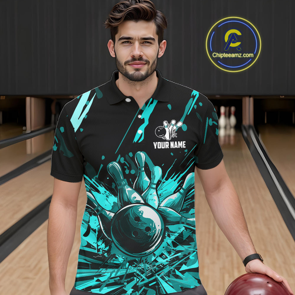Teal Bowling Jerseys Bowling Polo, 1/4 Zip Shirt For Men Custom Bowling Team Shirts For Bowlers TDM7485