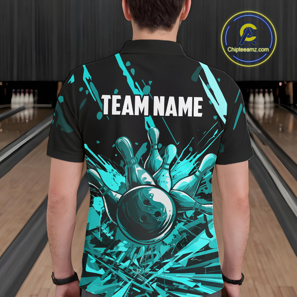 Teal Bowling Jerseys Bowling Polo, 1/4 Zip Shirt For Men Custom Bowling Team Shirts For Bowlers TDM7485