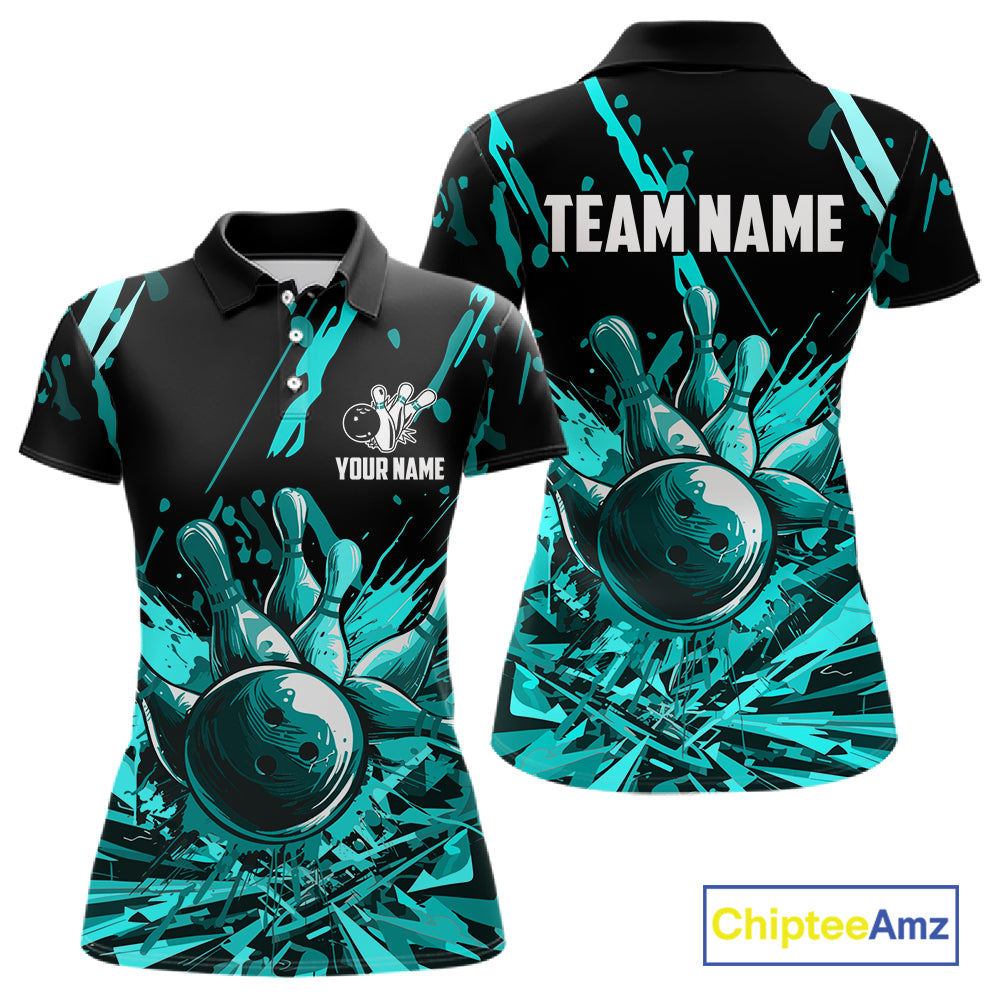 Teal Bowling Jerseys Bowling Polo, 1/4 Zip Shirt For Women Custom Bowling Team Shirts For Bowlers TDM7485