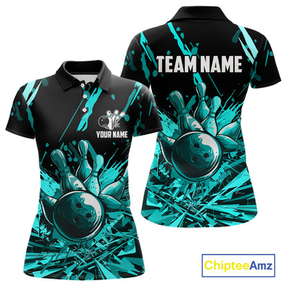 Teal Bowling Jerseys Bowling Polo, 1/4 Zip Shirt For Women Custom Bowling Team Shirts For Bowlers TDM7485