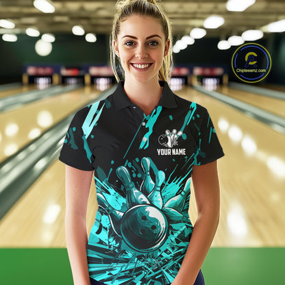 Teal Bowling Jerseys Bowling Polo, 1/4 Zip Shirt For Women Custom Bowling Team Shirts For Bowlers TDM7485