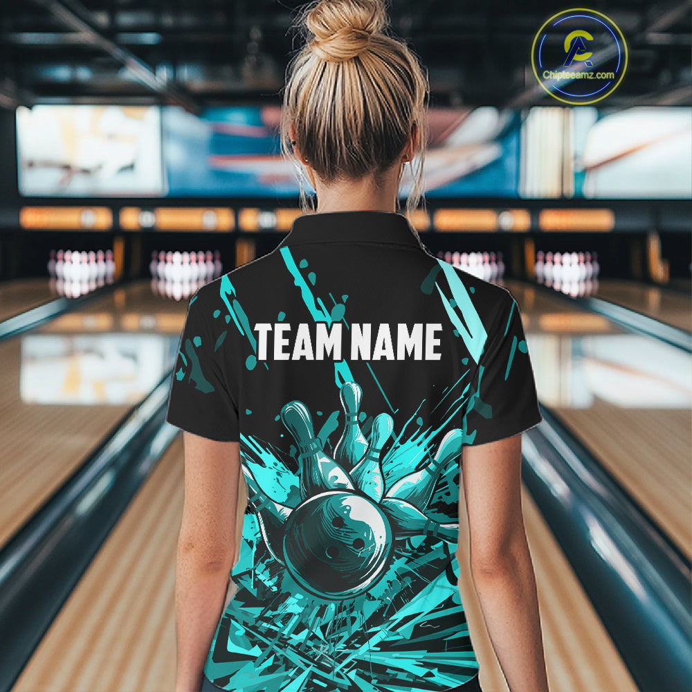 Teal Bowling Jerseys Bowling Polo, 1/4 Zip Shirt For Women Custom Bowling Team Shirts For Bowlers TDM7485
