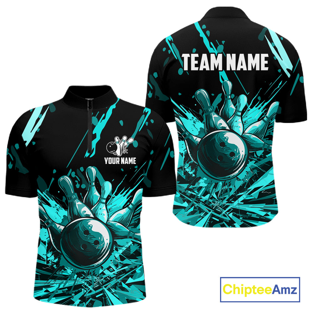 Teal Bowling Jerseys Bowling Polo, 1/4 Zip Shirt For Men Custom Bowling Team Shirts For Bowlers TDM7485