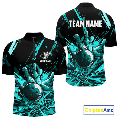 Teal Bowling Jerseys Bowling Polo, 1/4 Zip Shirt For Men Custom Bowling Team Shirts For Bowlers TDM7485