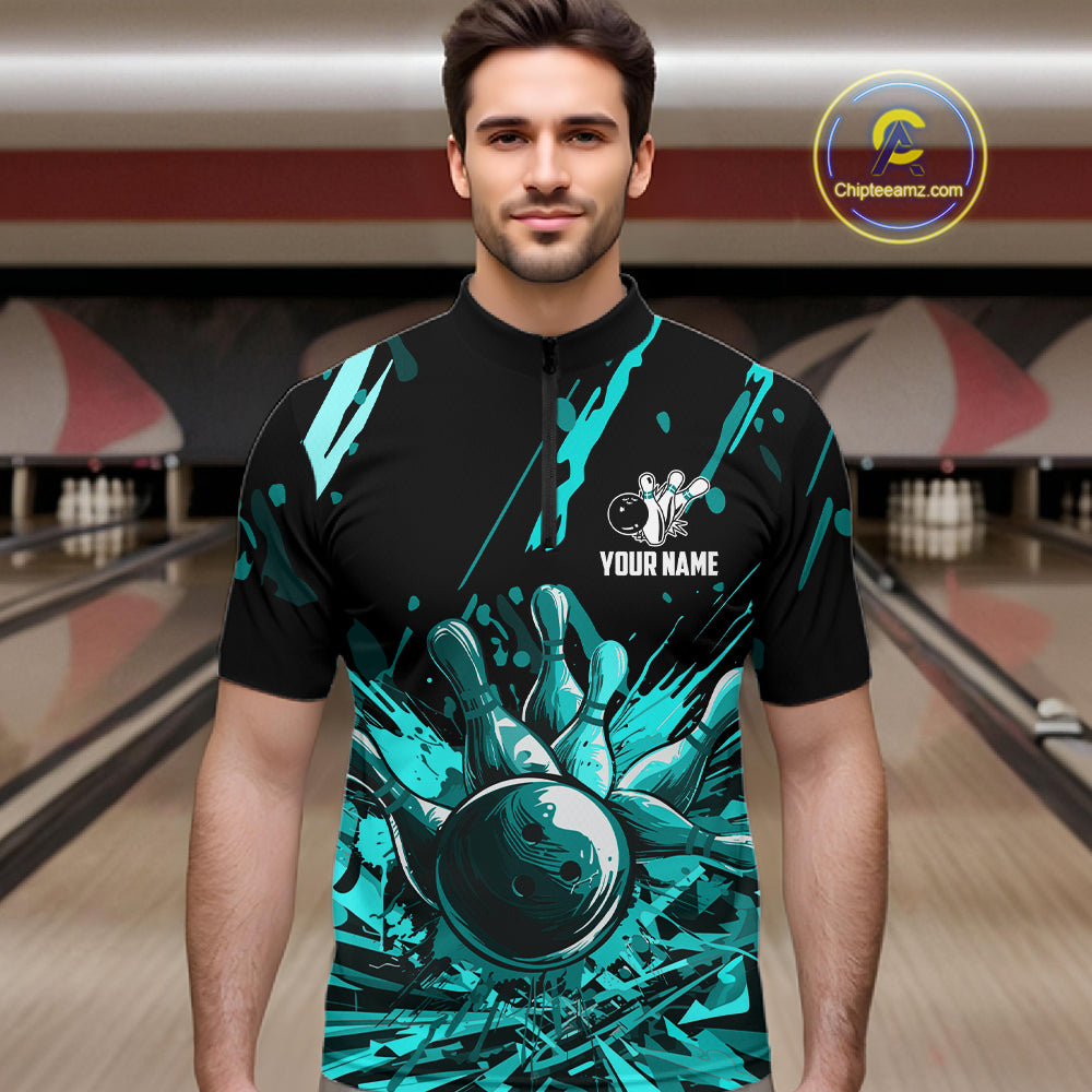 Teal Bowling Jerseys Bowling Polo, 1/4 Zip Shirt For Men Custom Bowling Team Shirts For Bowlers TDM7485