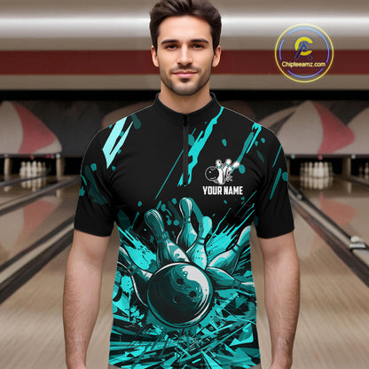 Teal Bowling Jerseys Bowling Polo, 1/4 Zip Shirt For Men Custom Bowling Team Shirts For Bowlers TDM7485