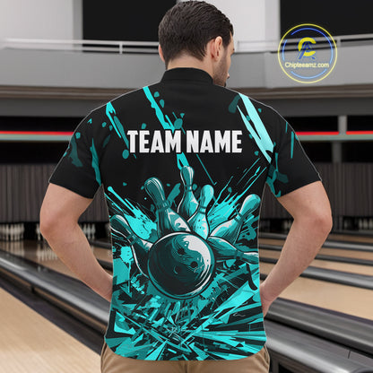 Teal Bowling Jerseys Bowling Polo, 1/4 Zip Shirt For Men Custom Bowling Team Shirts For Bowlers TDM7485