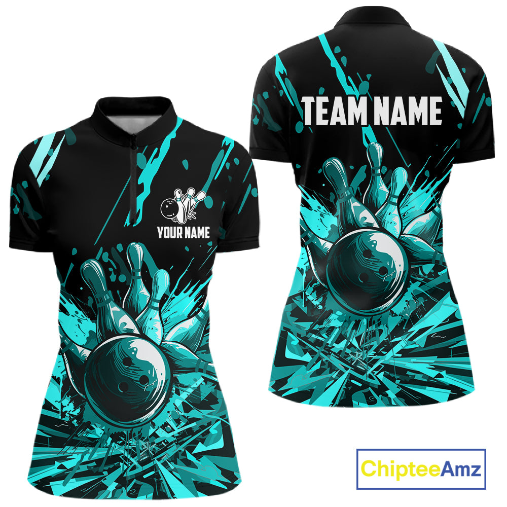 Teal Bowling Jerseys Bowling Polo, 1/4 Zip Shirt For Women Custom Bowling Team Shirts For Bowlers TDM7485