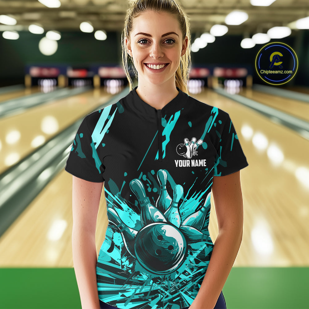 Teal Bowling Jerseys Bowling Polo, 1/4 Zip Shirt For Women Custom Bowling Team Shirts For Bowlers TDM7485